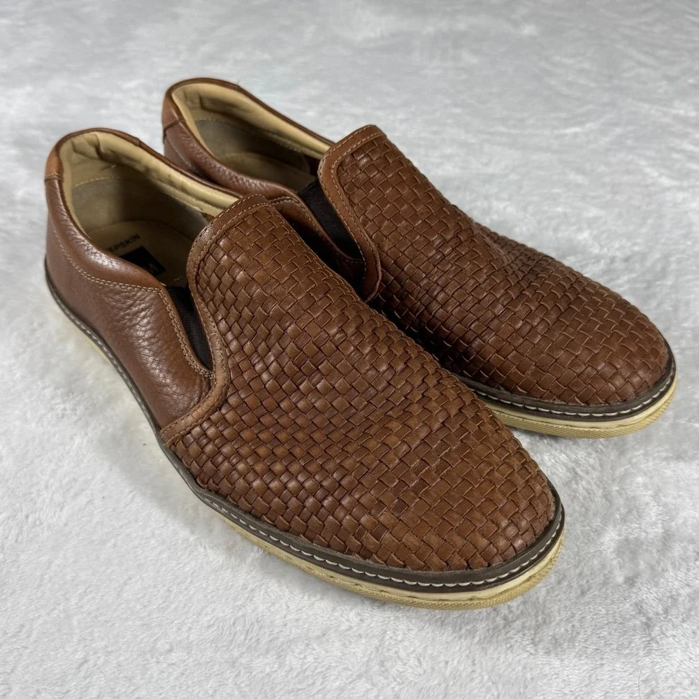 Johnston & Murphy Men's McGuffey 10M Brown Woven Leather Slip On Sneakers Shoes‎